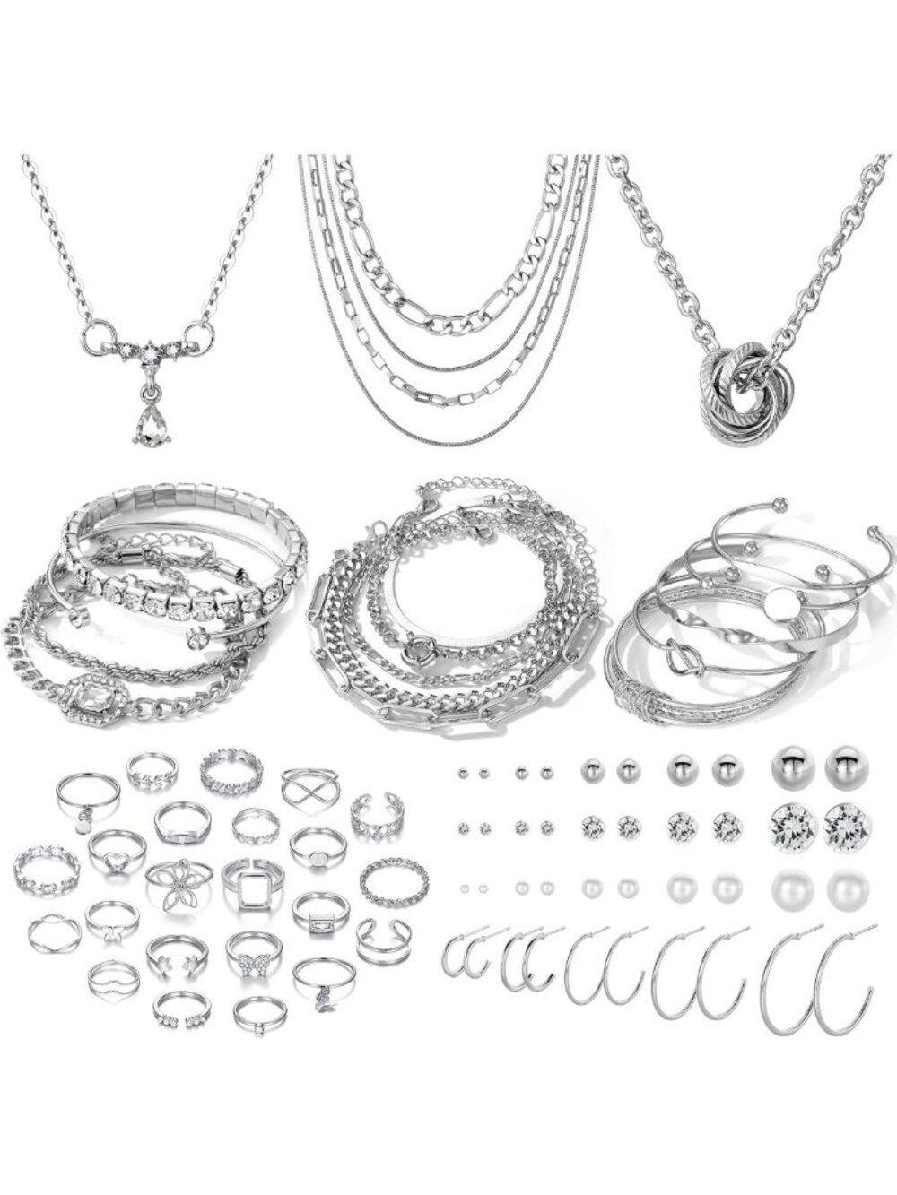 36 PCS Silver Plated Jewelry Set - Necklaces, Bracelets, Ear Cuffs & Rings for